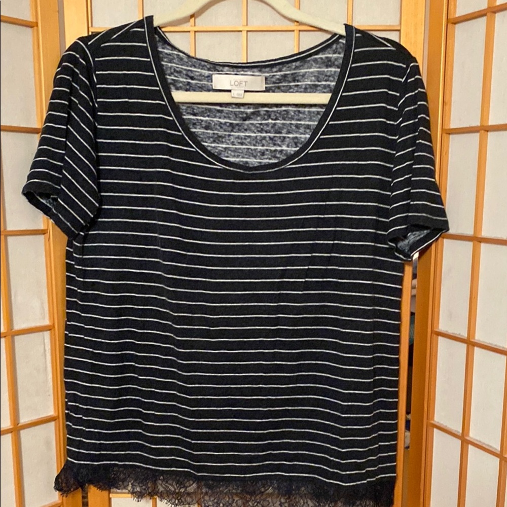 LOFT Navy Blue Striped Women's Top with Lace Trim Size L